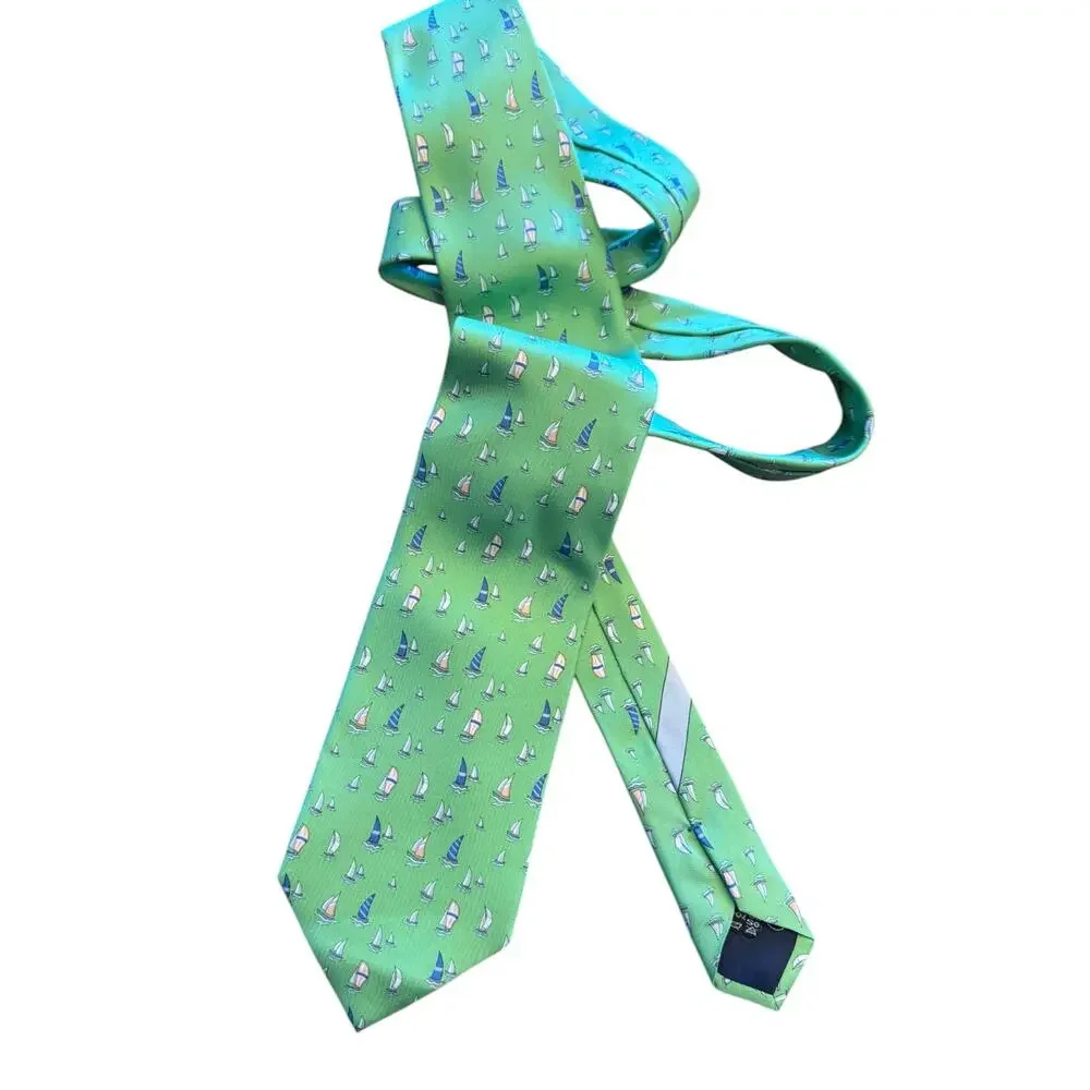 NWT Salvatore Ferragamo Silk Tie Green Sailboat Nautical Print Made Italy